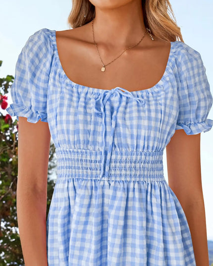 Gingham Smocked Puff Sleeve Summer Dress
