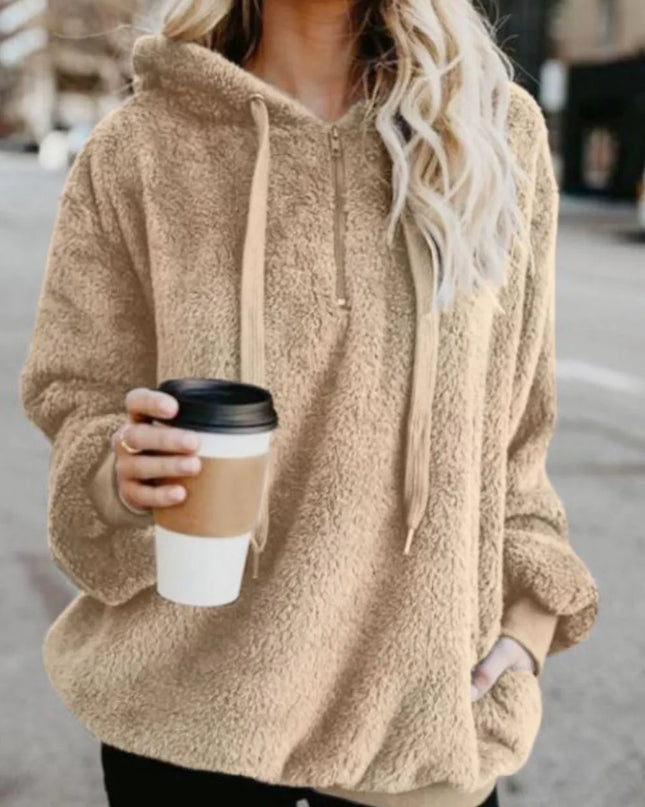 Full Size Quarter-Zip Drawstring Teddy Hoodie Beige