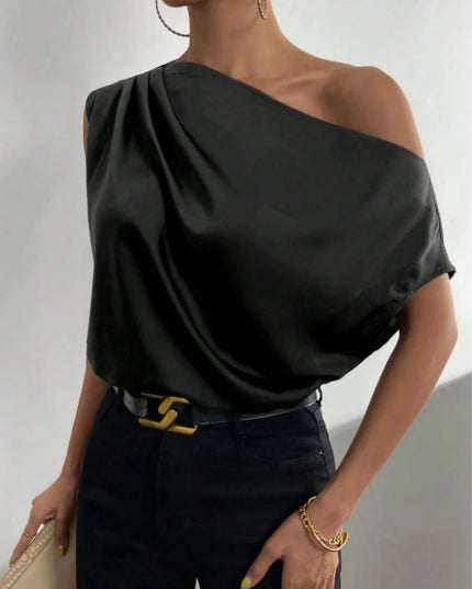 Asymmetrica One-Shoulder Draped Blouse Black