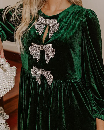 Velvet Bow Front Balloon Sleeve Dress