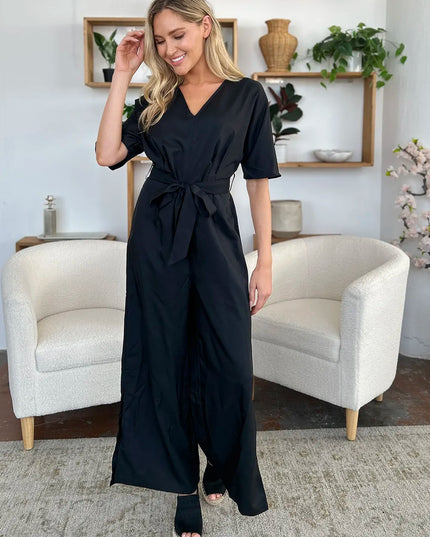 Double Take Full Size V-Neck Tied Side Slit Jumpsuit