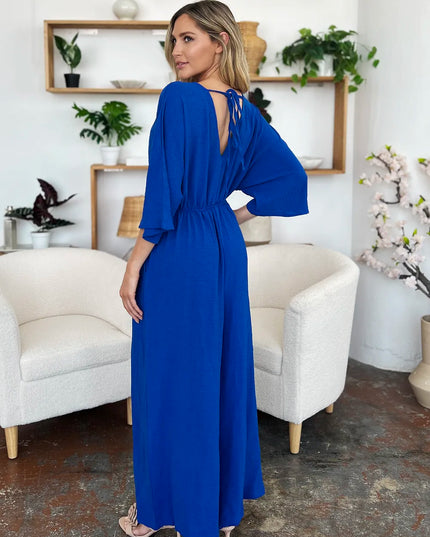 Double Take Full Size Surplice Wide Leg Jumpsuit with Pockets