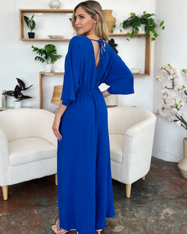 Double Take Full Size Surplice Wide Leg Jumpsuit with Pockets