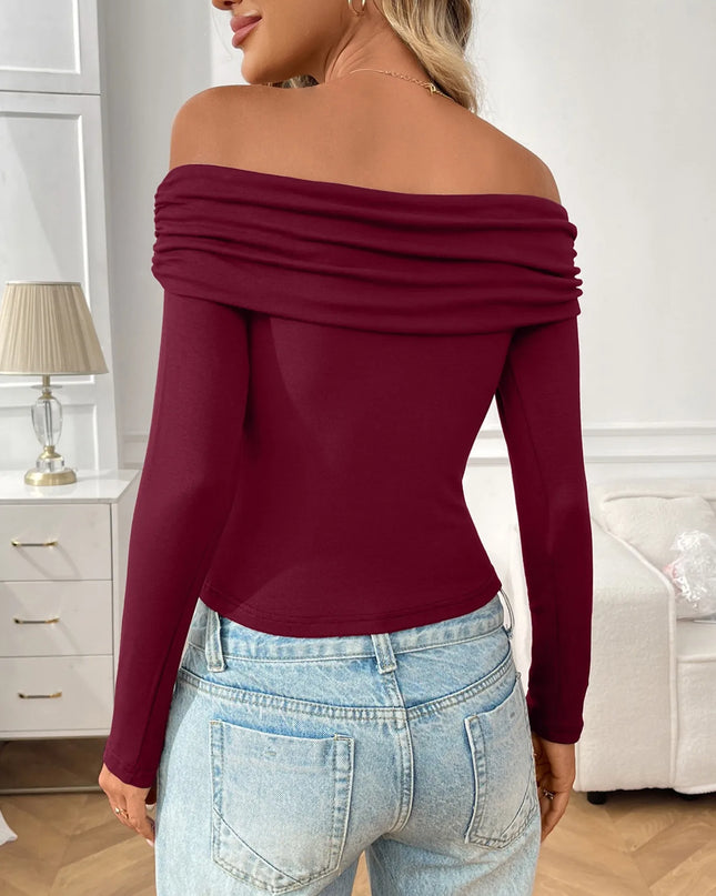 Off-Shoulder Long Sleeve Fitted T-Shirt