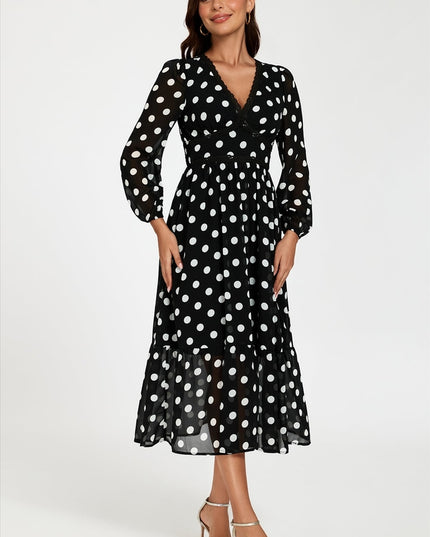 Dot Print Lace Trim Long Sleeve Maxi Dress in Black