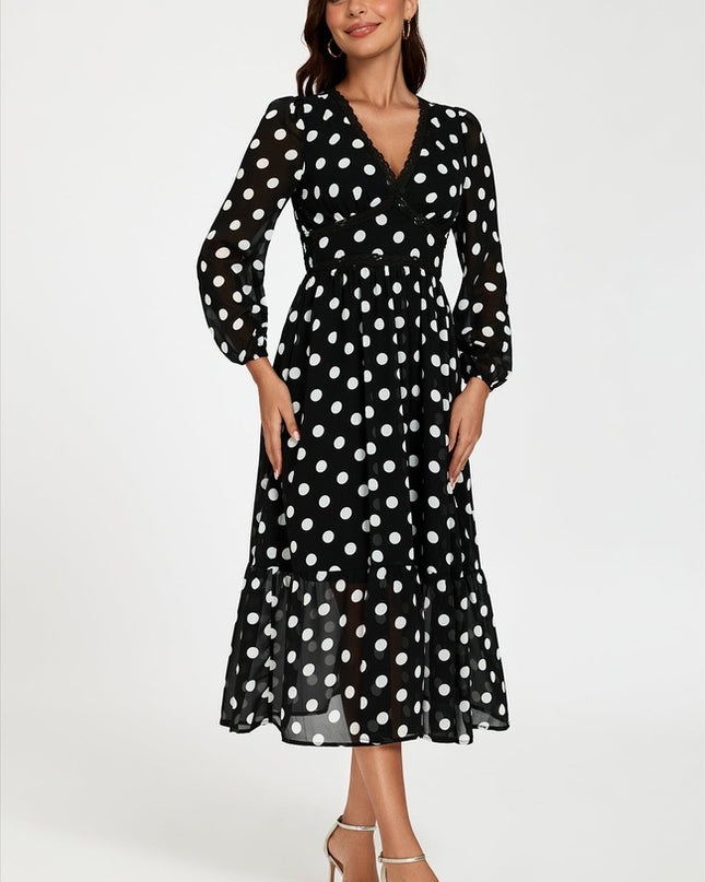 Dot Print Lace Trim Long Sleeve Maxi Dress in Black