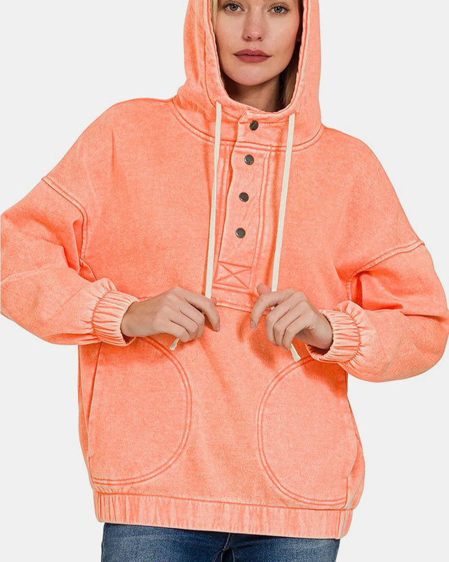 Zenana Drawstring Half Snap Dropped Shoulder Hoodie CORAL