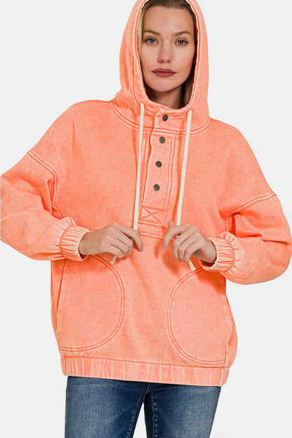 Zenana Drawstring Half Snap Dropped Shoulder Hoodie CORAL