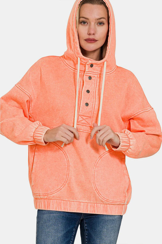Zenana Drawstring Half Snap Dropped Shoulder Hoodie CORAL