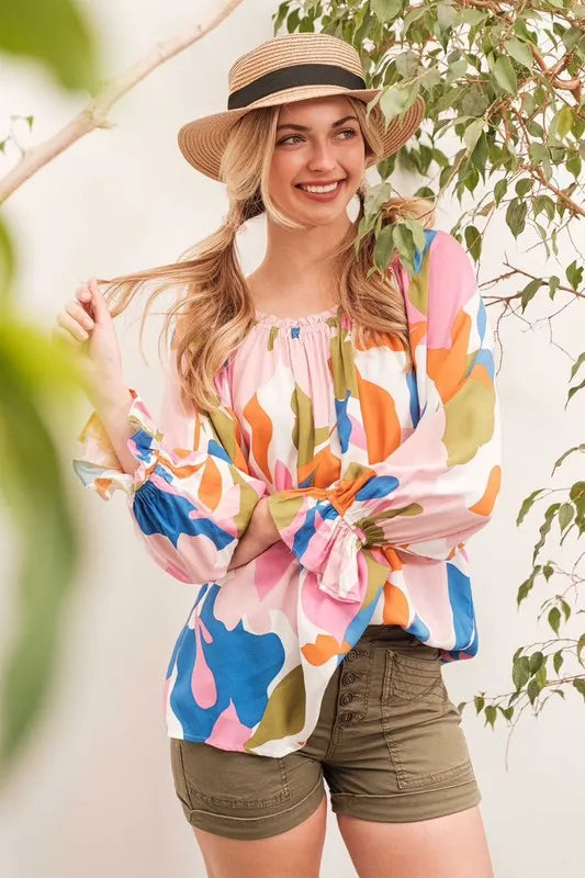 Lime 'N' Chili Abstract Print Off-the-shoulder Long Sleeve Top