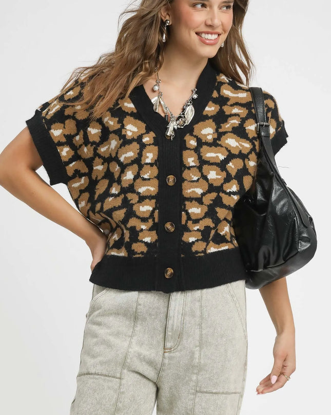 Umgee Leopard Button Down Short Sleeve Cardigan Black
