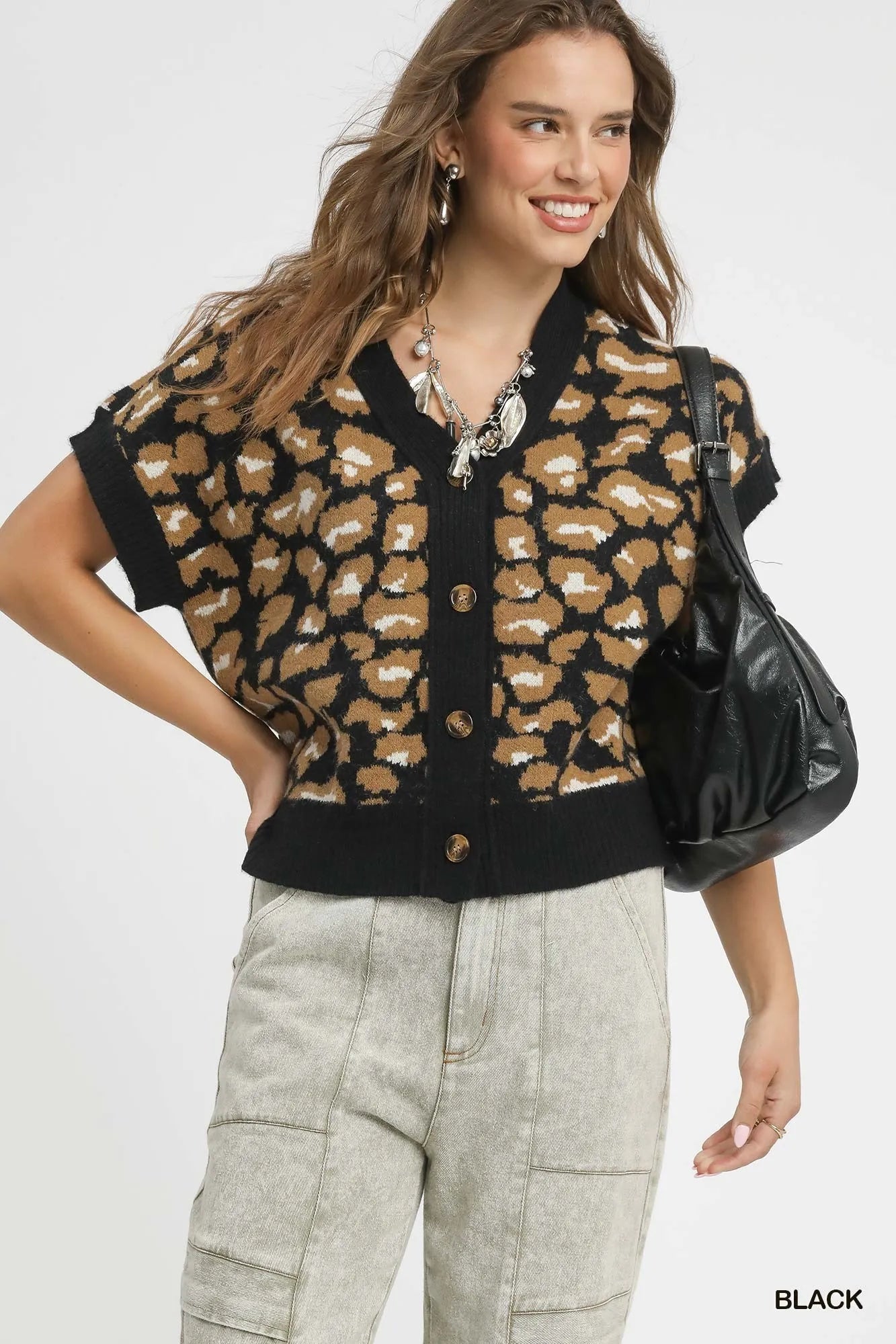 Umgee Leopard Button Down Short Sleeve Cardigan Black