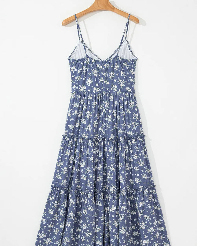 Floral Spaghetti Strap Frilled V Neck Tiered Midi Dress