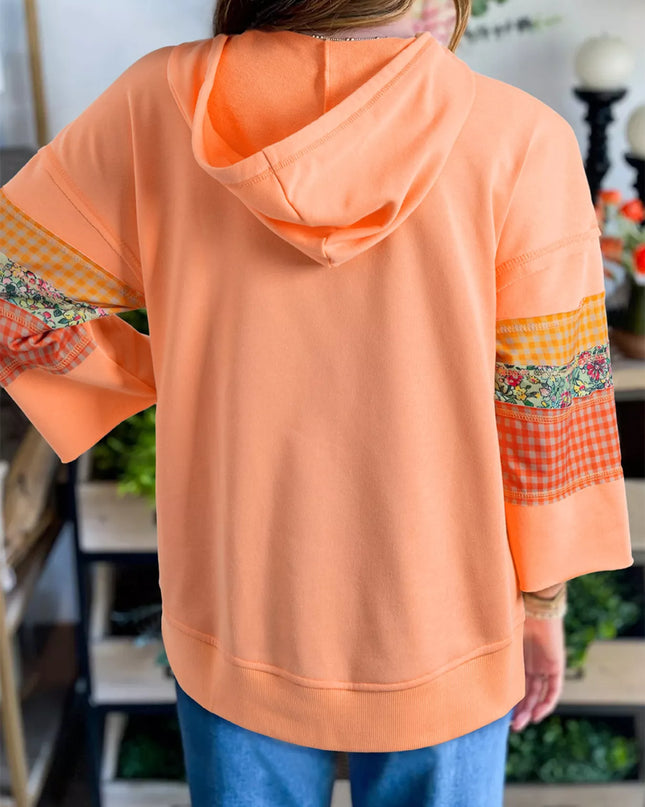 Plaid Floral Patchwork Kangaroo Pocket Hoodie
