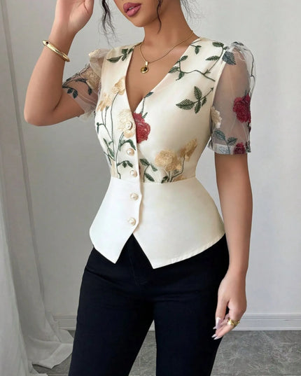 Floral Print V-Neck Button-Up Shirt