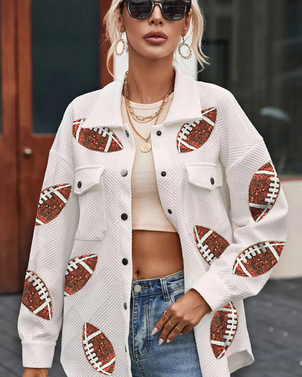 Sequin Football Patch Collared Neck Snap Button Jacket White