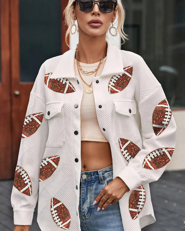 Sequin Football Patch Collared Neck Snap Button Jacket White
