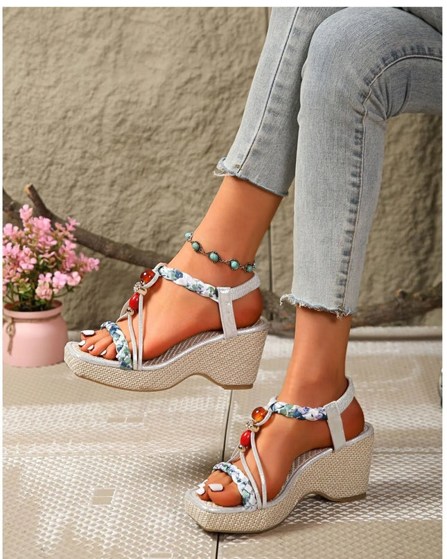 Bohemian Floral Beaded Wedge Sandals 