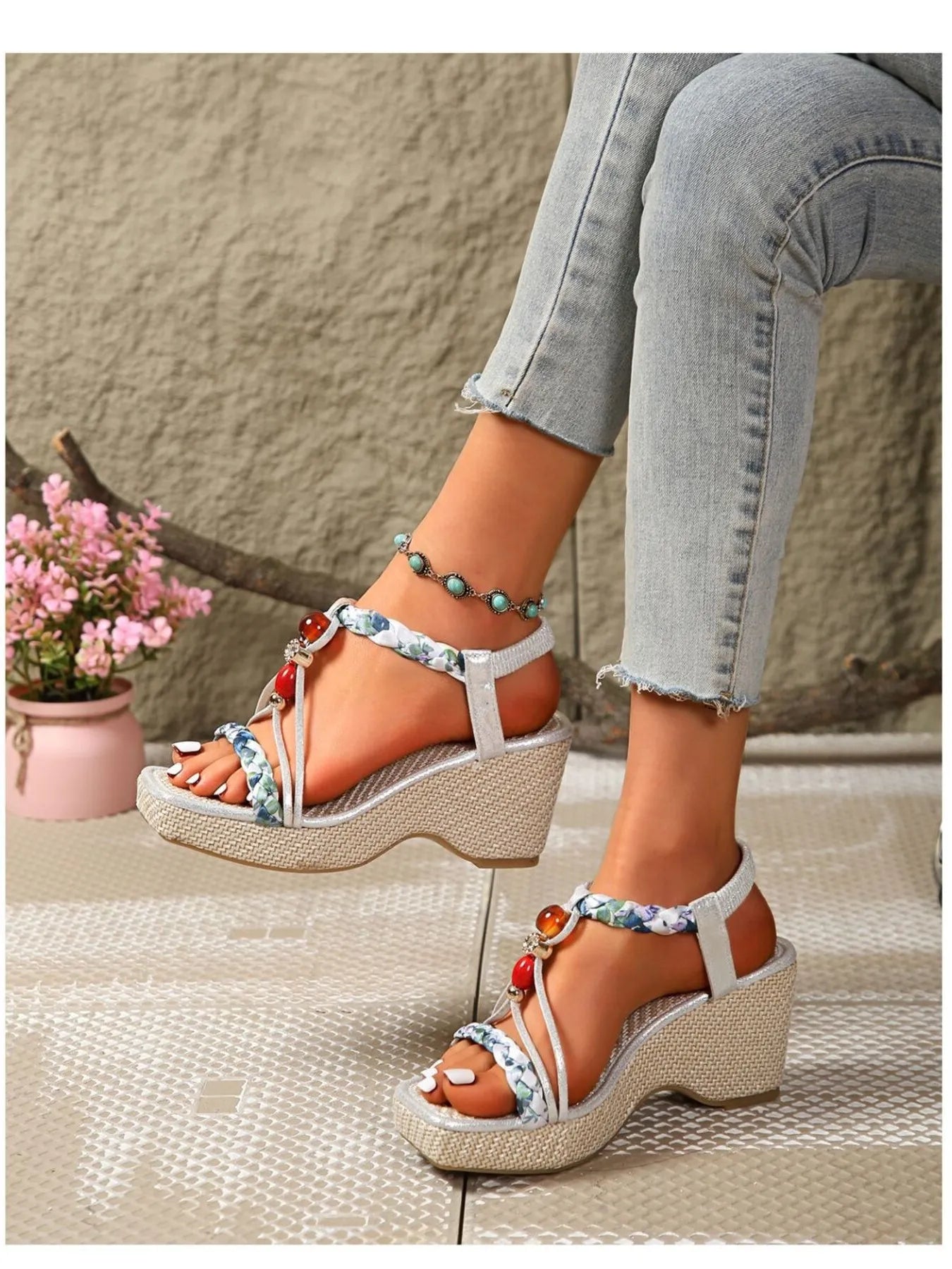 Bohemian Floral Beaded Wedge Sandals 