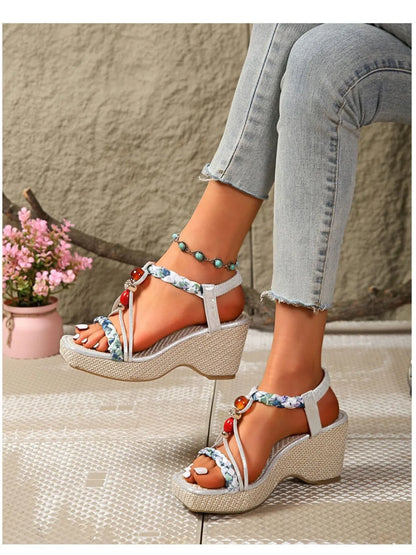 Bohemian Floral Beaded Wedge Sandals 