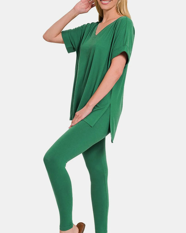 Zenana Full Size V-Neck Rolled Short Sleeve T-Shirt and Leggings Lounge Set Forest
