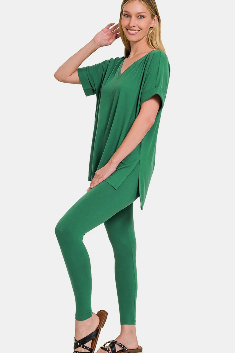 Zenana Full Size V-Neck Rolled Short Sleeve T-Shirt and Leggings Lounge Set Forest