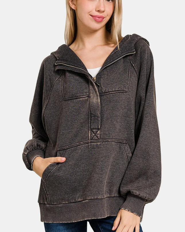 Zenana Acid Wash Fleece Kangaroo Hoodie Ash Black