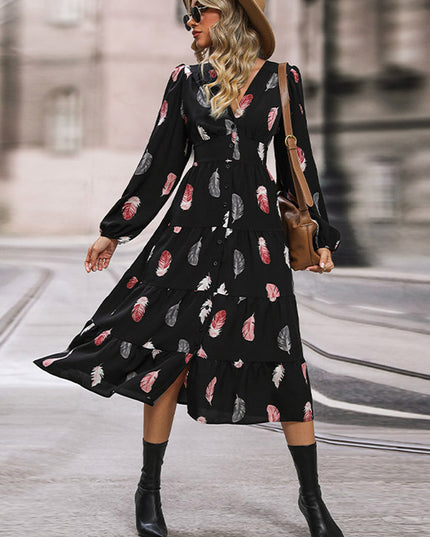 Perfee Printed V-Neck Slit Dress 