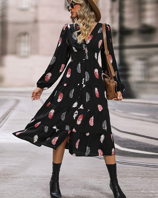 Perfee Printed V-Neck Slit Dress 