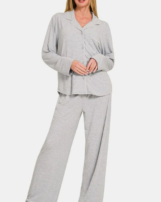 Zenana Button Down Long Sleeve Top and Pants Lounge Set Light Gray