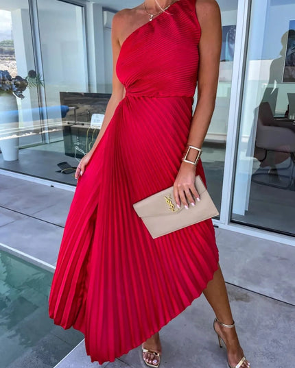 Full Size Single Shoulder Pleated Midi Dress Plus Size 