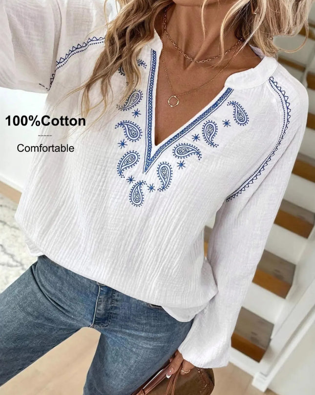 Paisley Pattern Notched Long Sleeve Blouse