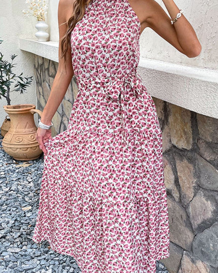 Perfee Floral Tie-Waist Tiered Dress 