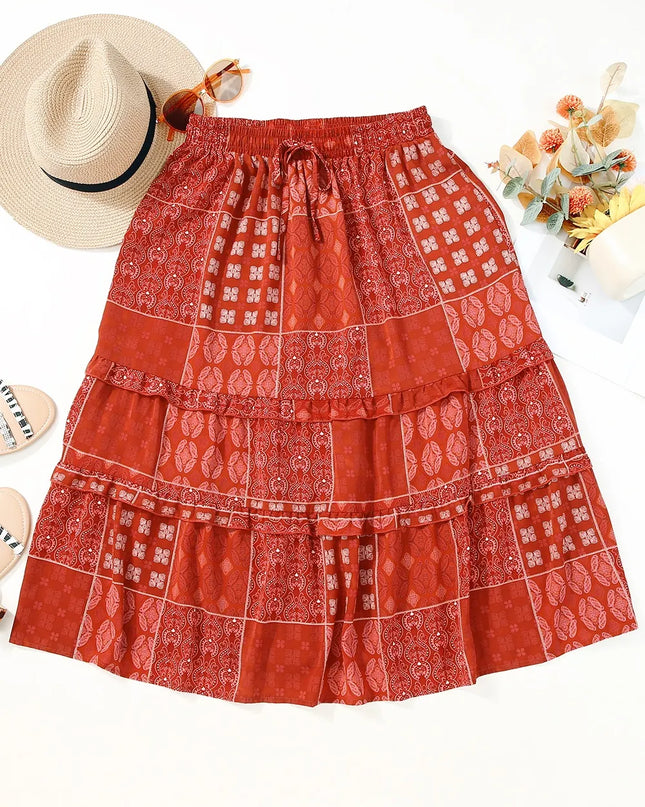 Printed Drawstring Midi Skirt