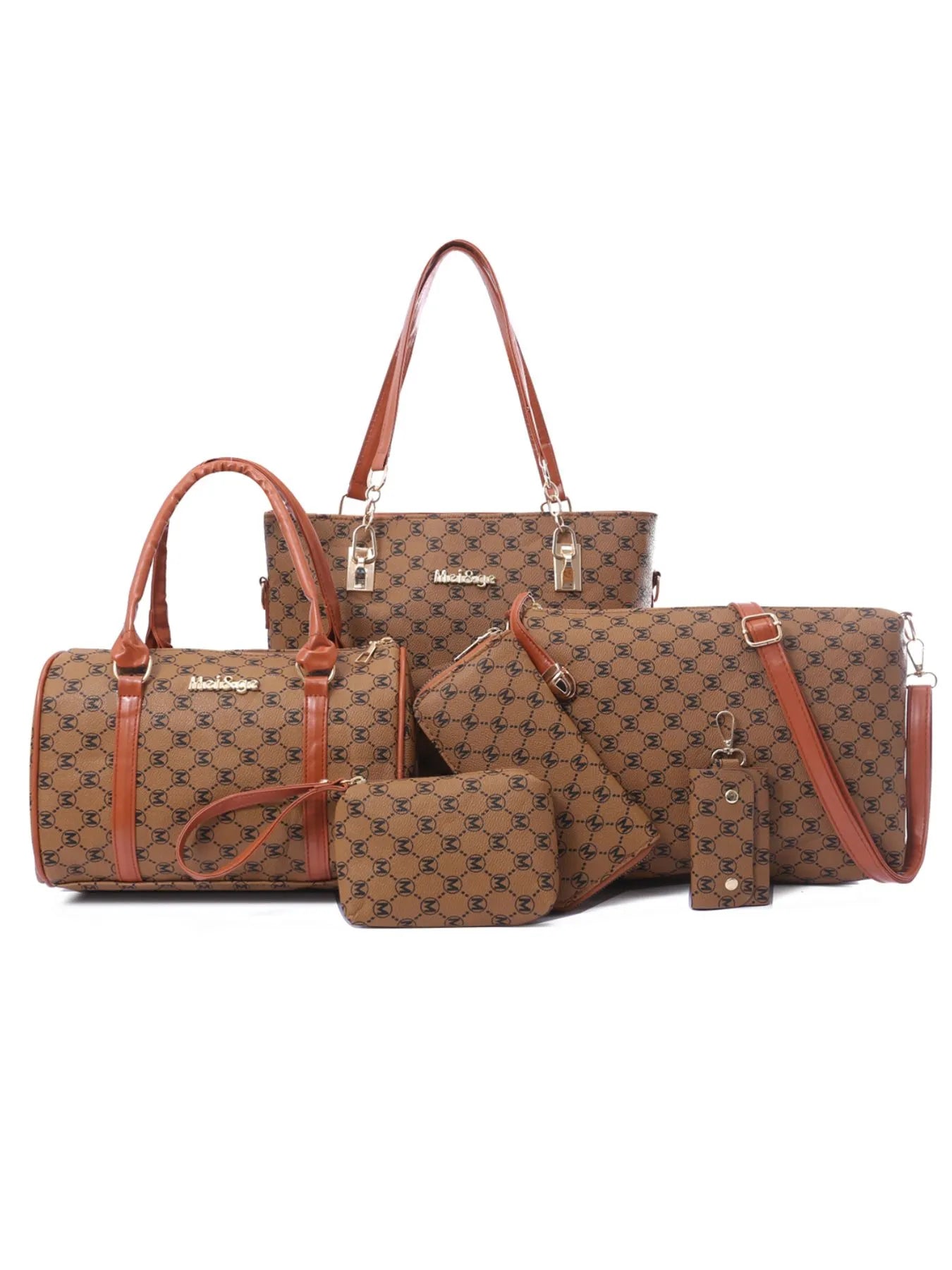 Diamond Pattern 6-Piece Bag Set Brown onesize