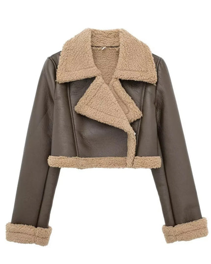 Collared Neck Long Sleeve Plush Cropped Jacket Coffee Brown
