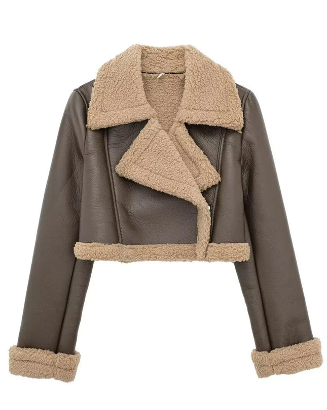 Collared Neck Long Sleeve Plush Cropped Jacket Coffee Brown