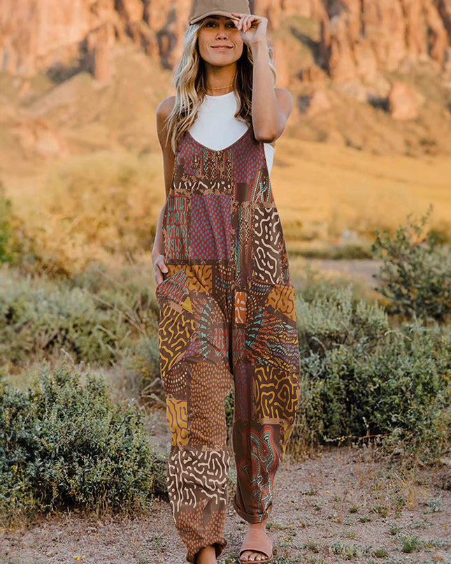 Double Take Full Size Printed V-Neck Sleeveless Jumpsuit Caramel