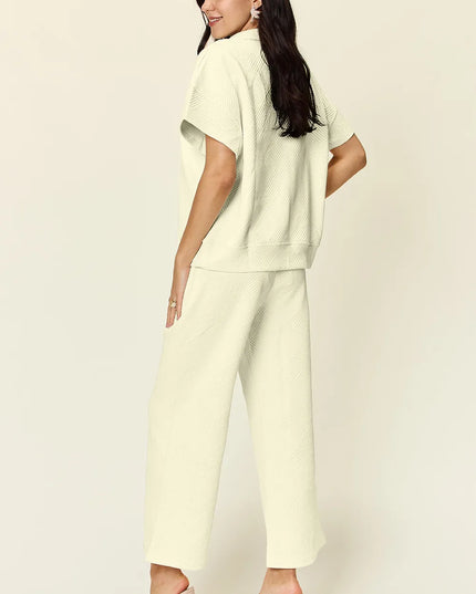 Double Take Full Size Texture Half Zip Short Sleeve Top and Pants Set
