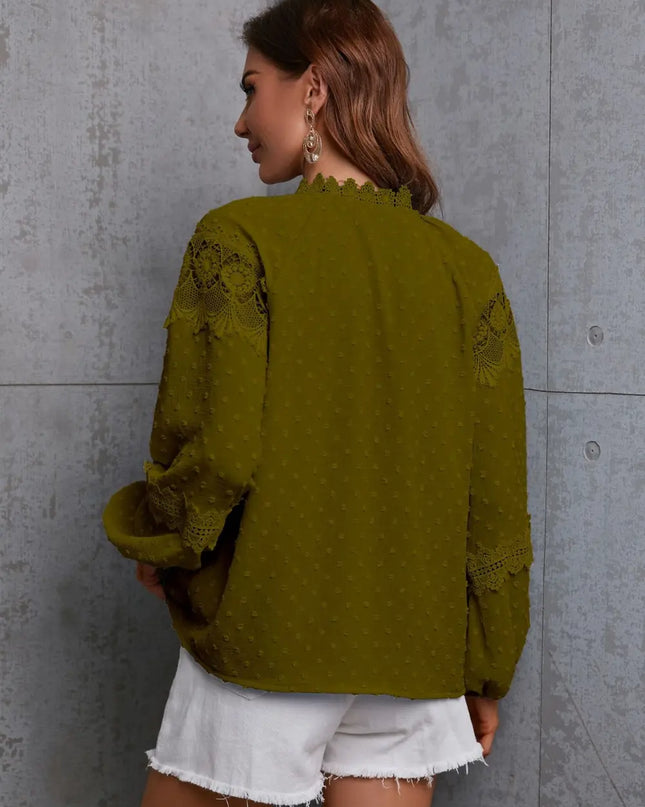 Crochet Tassel Tie Neck Long Sleeve Blouse