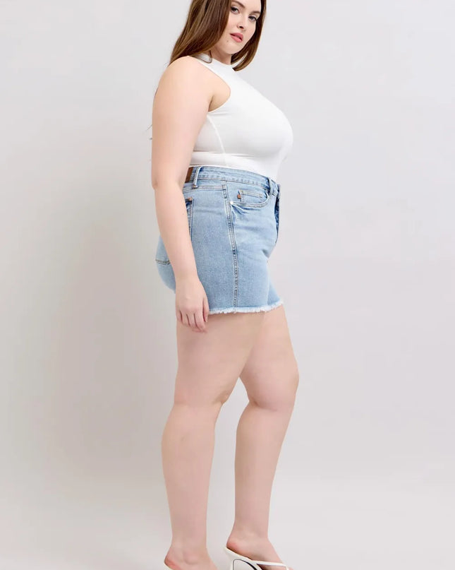 Judy Blue Full Size Tummy Control Raw Hem Denim Shorts Plus Size