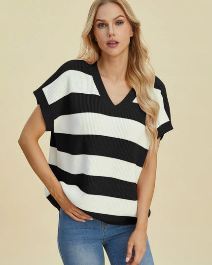 Double Take Full Size Striped V-Neck Short Sleeve Sweater