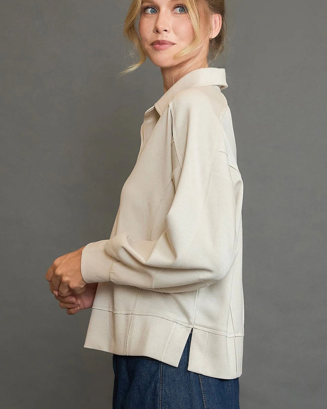 Umgee Collared Neck Long Sleeve Top with Raw Hem Detail