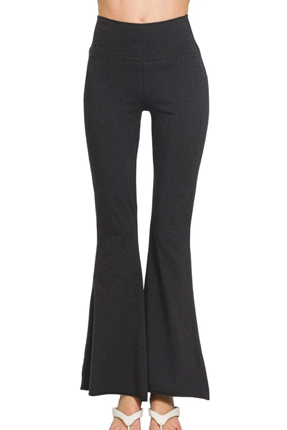 Zenana Raw Edge Hem Flare Yoga Pants BLACK