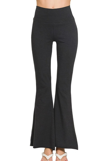 Zenana Raw Edge Hem Flare Yoga Pants BLACK