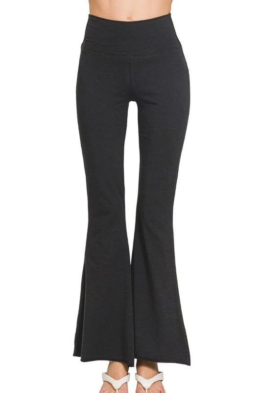 Zenana Raw Edge Hem Flare Yoga Pants BLACK