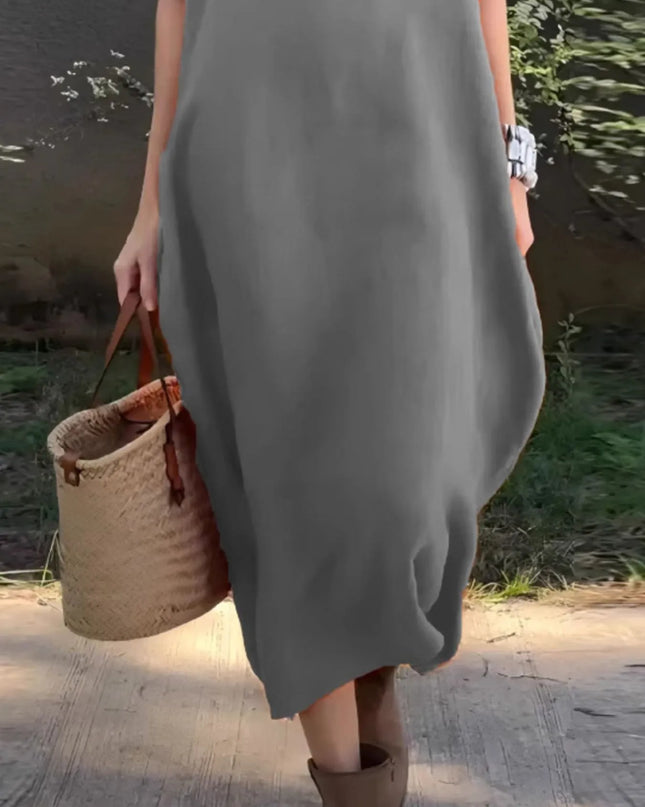 Full Size Casual Loose Fit Round Neck Midi Dress Plus Size