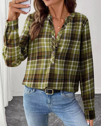 Plaid Half Button Long Sleeve Blouse Light Green