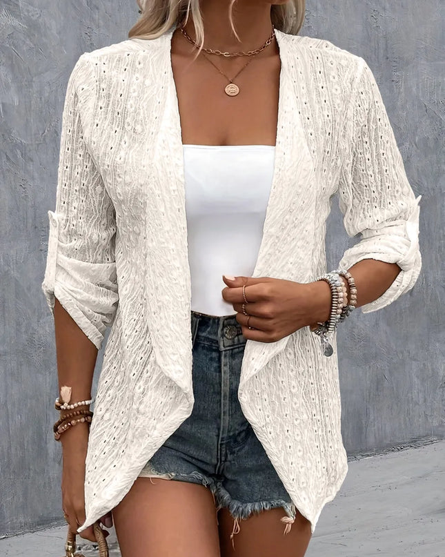Eyelet Roll-Tab Sleeve Cardigan White