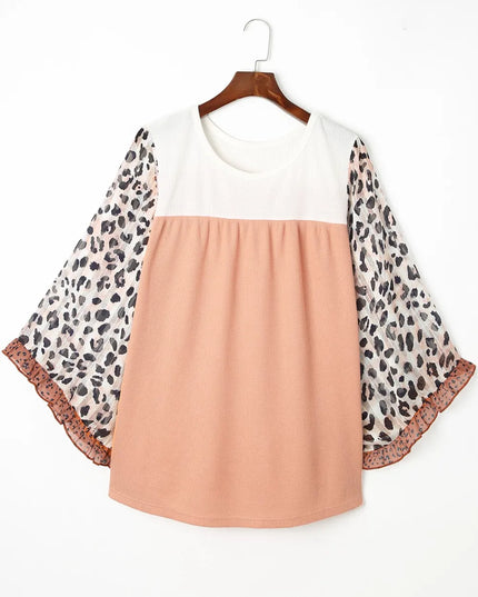 Plus Size Leopard Ruffle Trim Long Sleeve Blouse